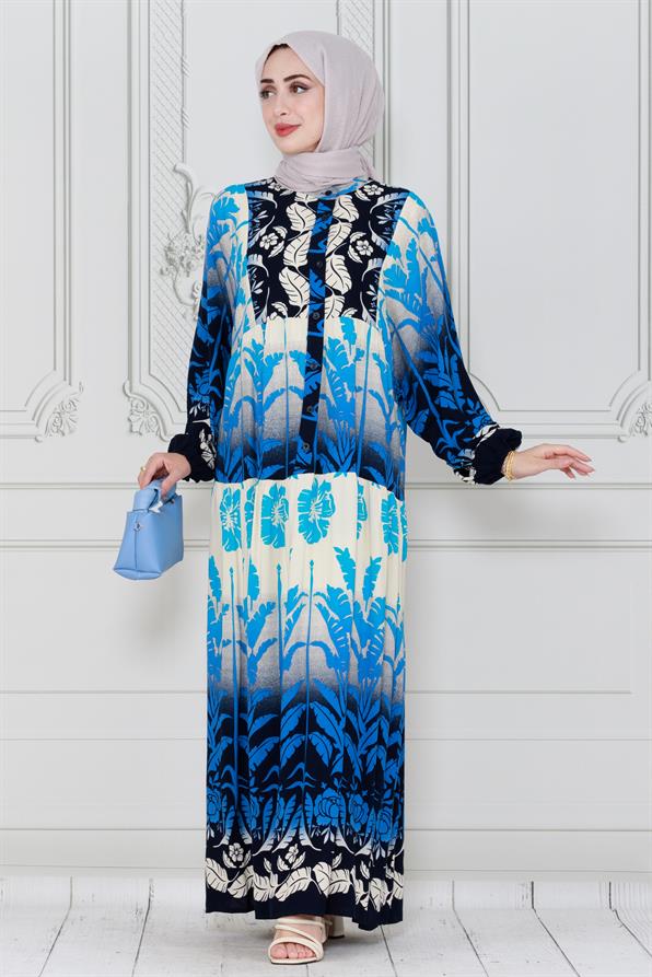 فستان فيسكوز بطبعة أوراق شجر-ازرق داكن  اللون