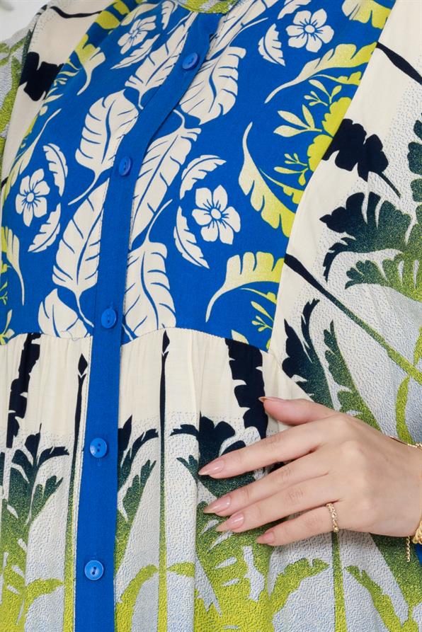 فستان فيسكوز بطبعة أوراق شجر-ازرق اللون