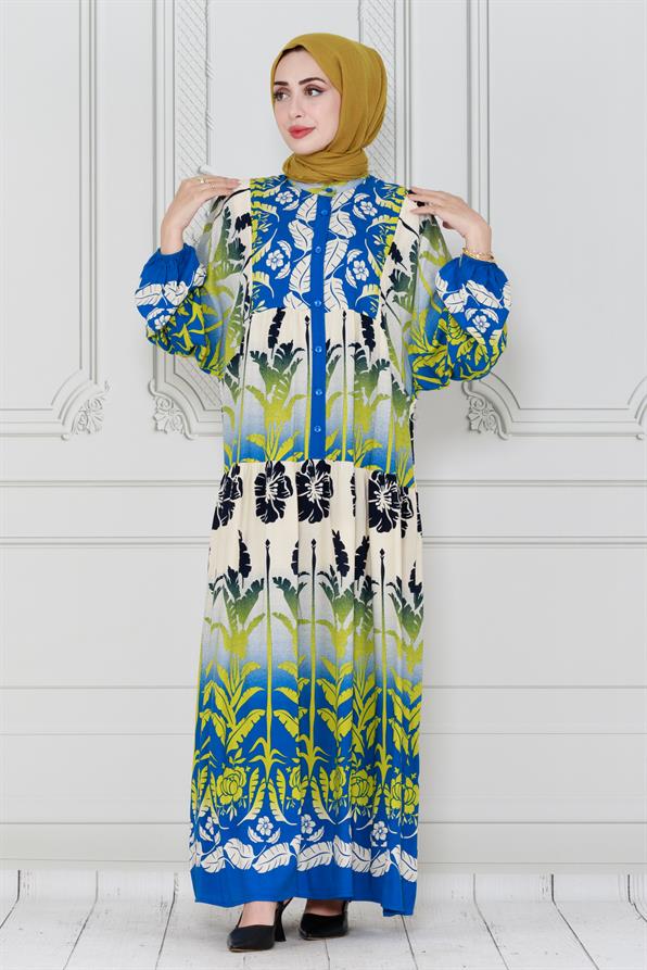 فستان فيسكوز بطبعة أوراق شجر-ازرق اللون