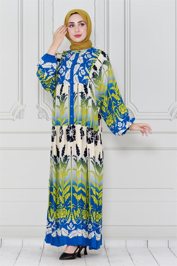 فستان فيسكوز بطبعة أوراق شجر-ازرق اللون