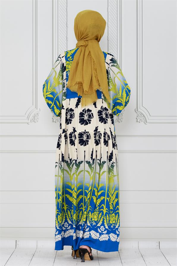 فستان فيسكوز بطبعة أوراق شجر-ازرق اللون