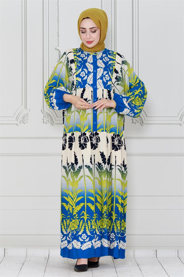 فستان فيسكوز بطبعة أوراق شجر-ازرق اللون