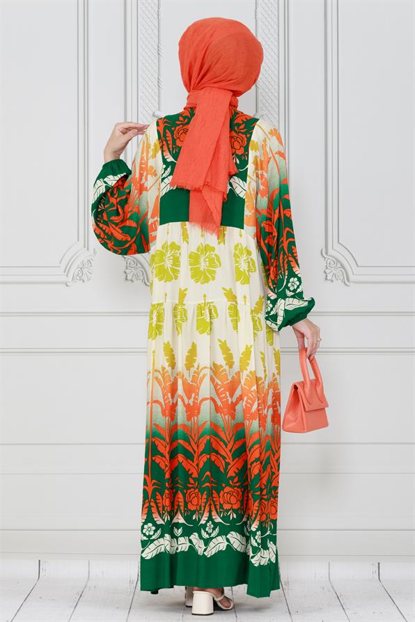 فستان فيسكوز بطبعة أوراق شجر-اخضر اللون