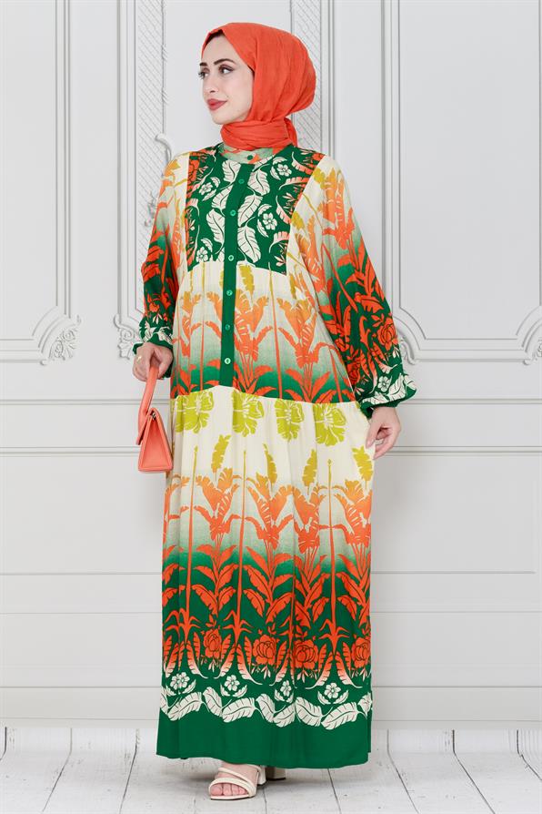 فستان فيسكوز بطبعة أوراق شجر-اخضر اللون