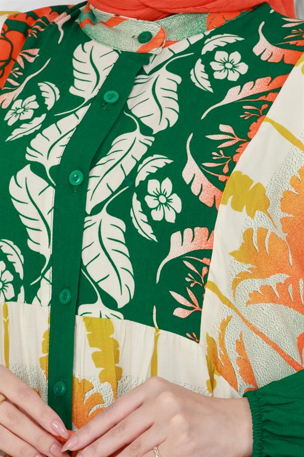 فستان فيسكوز بطبعة أوراق شجر-اخضر اللون