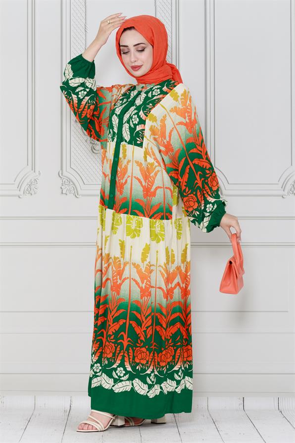 فستان فيسكوز بطبعة أوراق شجر-اخضر اللون