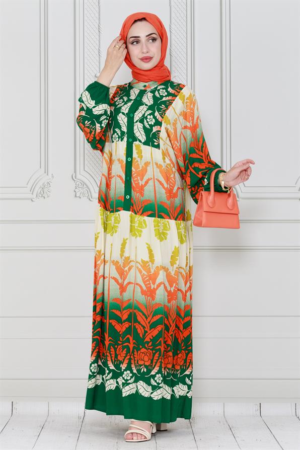 فستان فيسكوز بطبعة أوراق شجر-اخضر اللون