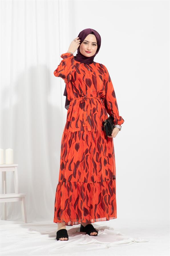 Leaf-Patterned Chiffon Dress-Orange color