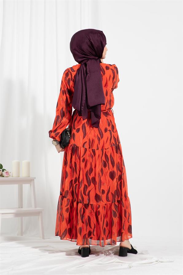 Leaf-Patterned Chiffon Dress-Orange color