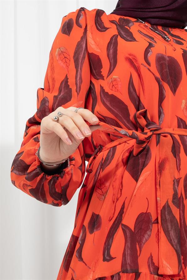 Leaf-Patterned Chiffon Dress-Orange color