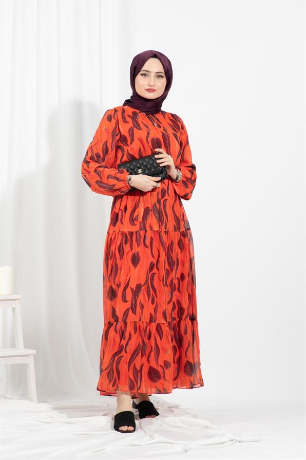 Leaf-Patterned Chiffon Dress-Orange color