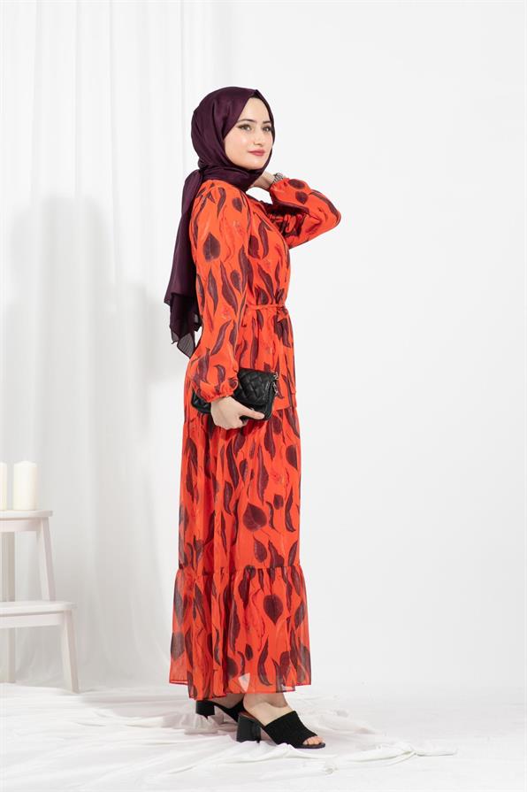 Leaf-Patterned Chiffon Dress-Orange color