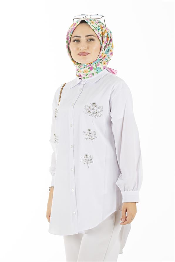 Yaprak Desenli Tunik-Beyaz