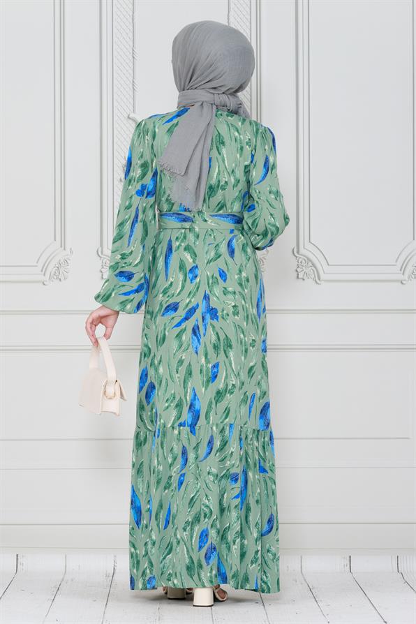 Yaprak Desenli Viscon Elbise-Mint Yeşili