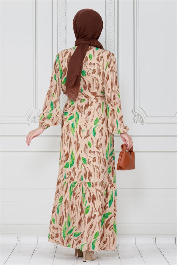Yaprak Desenli Viscon Elbise-VİZON