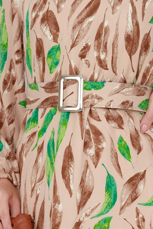 Yaprak Desenli Viscon Elbise-VİZON