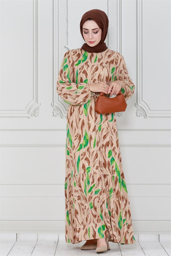 Yaprak Desenli Viscon Elbise-VİZON