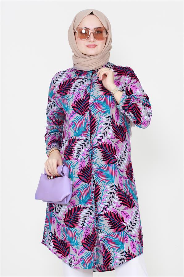 Leaf Patterned Viscose Tunic in Fuchsia,