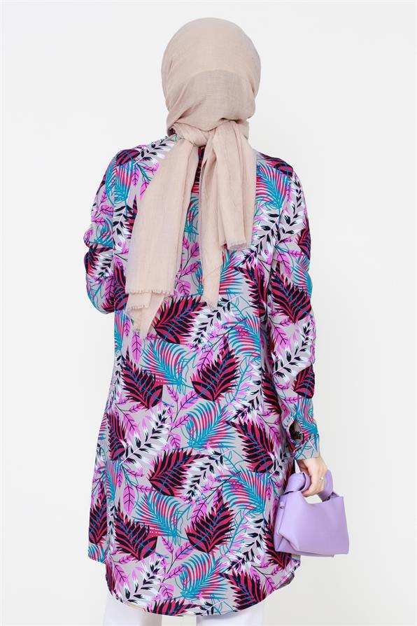 Leaf Patterned Viscose Tunic in Fuchsia,