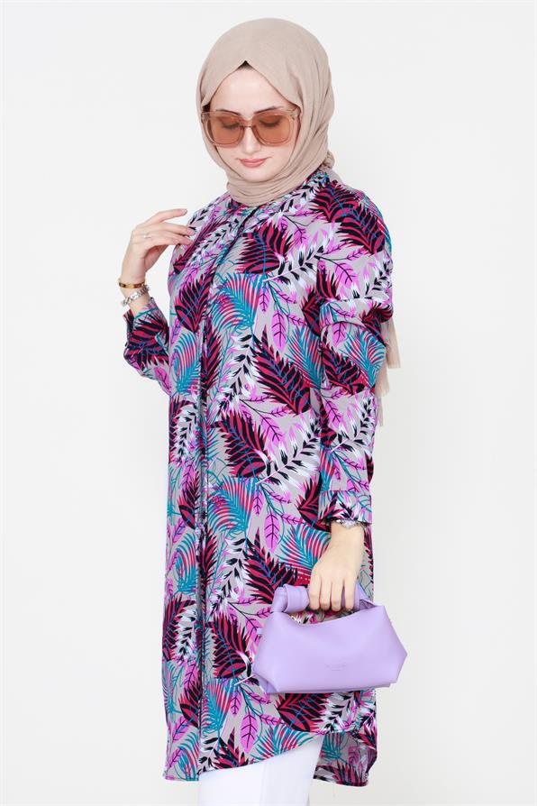 Leaf Patterned Viscose Tunic in Fuchsia,