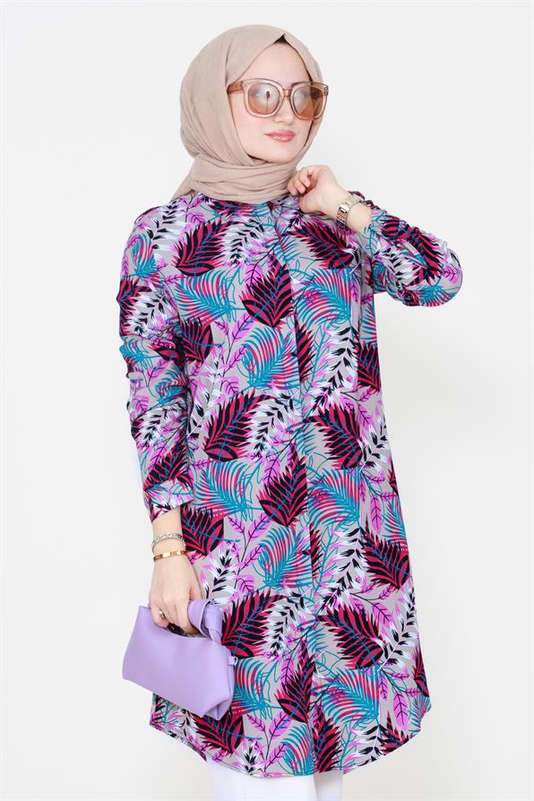 Leaf Patterned Viscose Tunic in Fuchsia,
