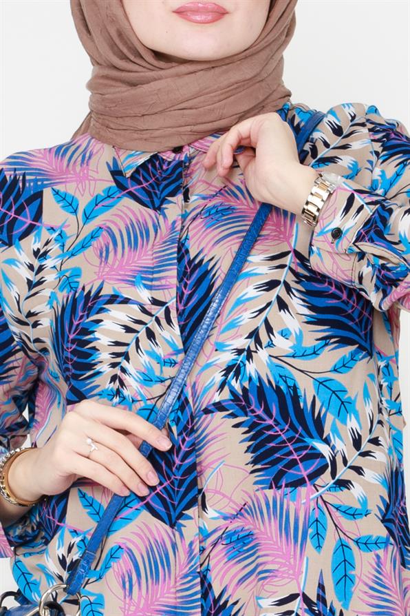 Leaf Patterned Viscose Tunic - Blue