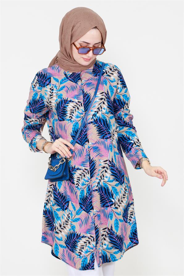 Leaf Patterned Viscose Tunic - Blue