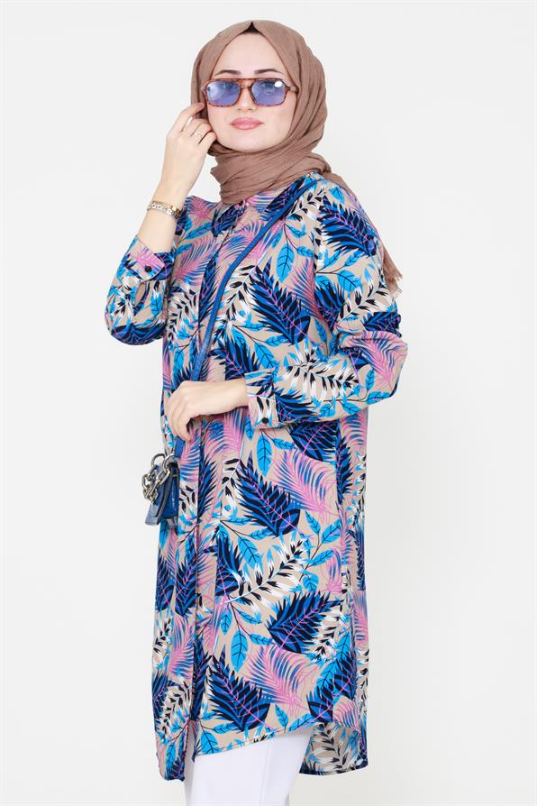 Leaf Patterned Viscose Tunic - Blue