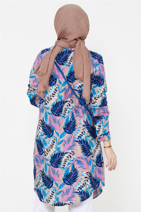Leaf Patterned Viscose Tunic - Blue
