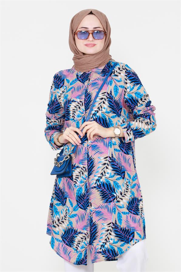 Leaf Patterned Viscose Tunic - Blue