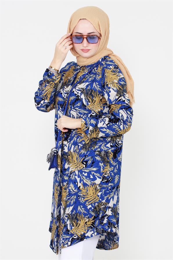 Leaf Patterned Viscose Tunic - Royal Blue