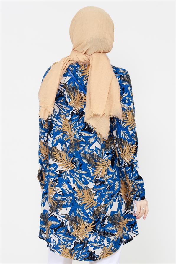 Leaf Patterned Viscose Tunic - Royal Blue