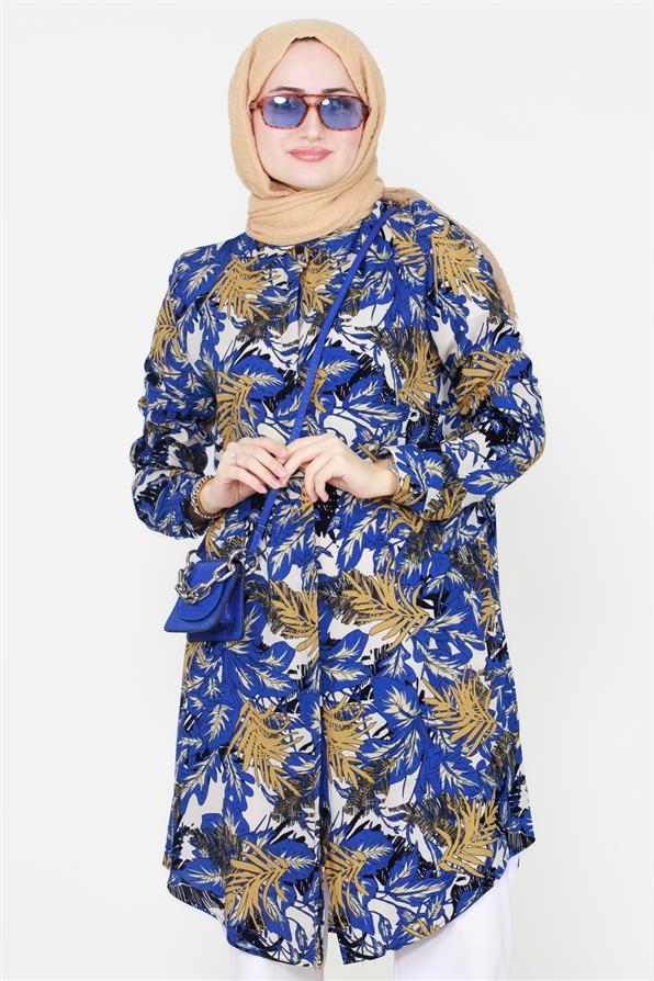 Leaf Patterned Viscose Tunic - Royal Blue