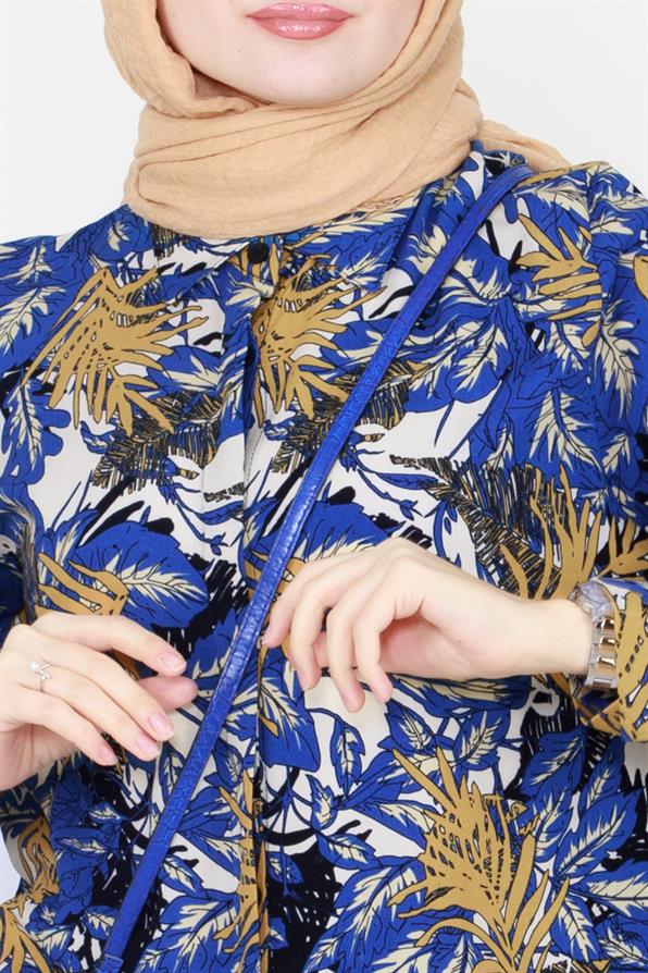Leaf Patterned Viscose Tunic - Royal Blue