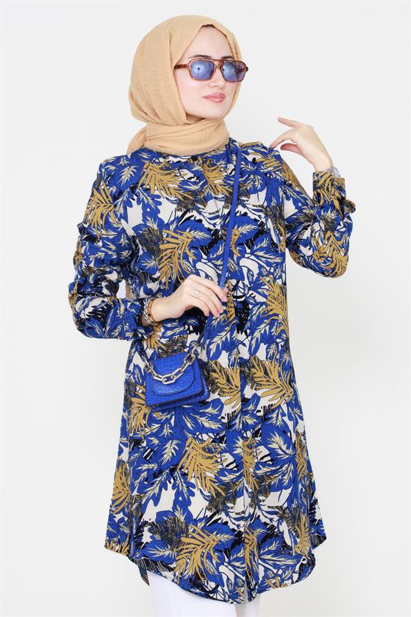 Leaf Patterned Viscose Tunic - Royal Blue