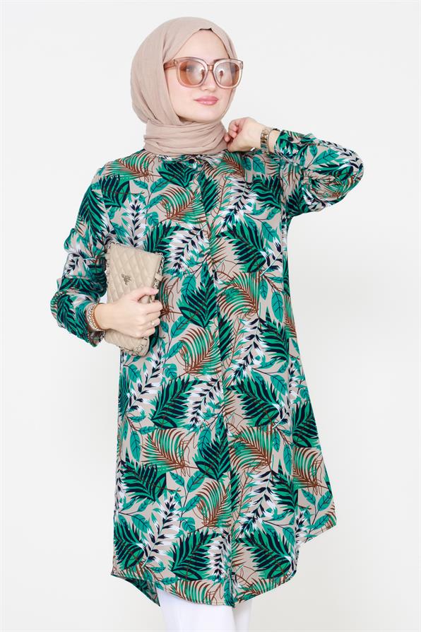 Leaf Patterned Viscose Tunic - Green