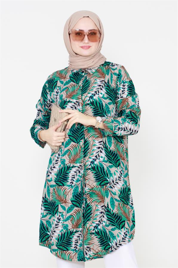 Leaf Patterned Viscose Tunic - Green