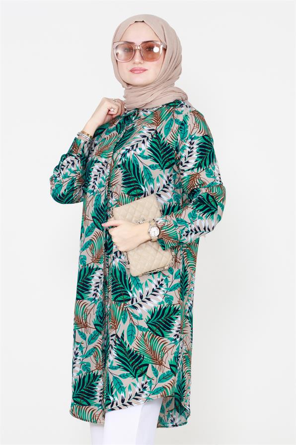 Leaf Patterned Viscose Tunic - Green