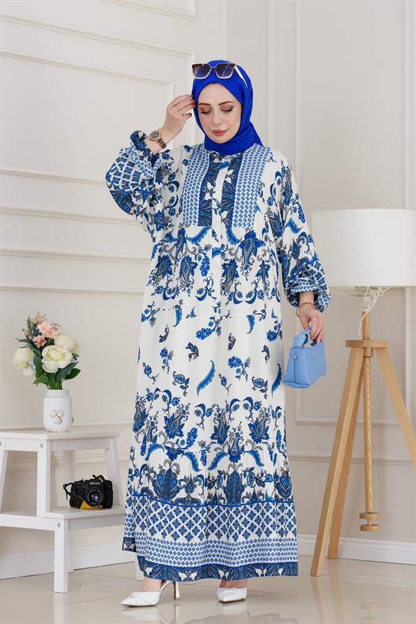 Yarasa Kol Duru Viscon Elbise-Saks Mavi