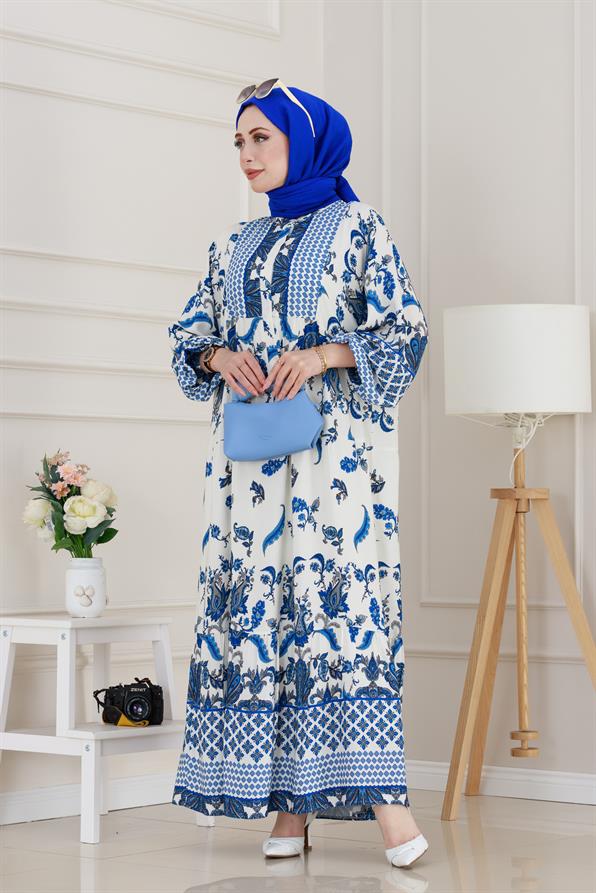 Yarasa Kol Duru Viscon Elbise-Saks Mavi