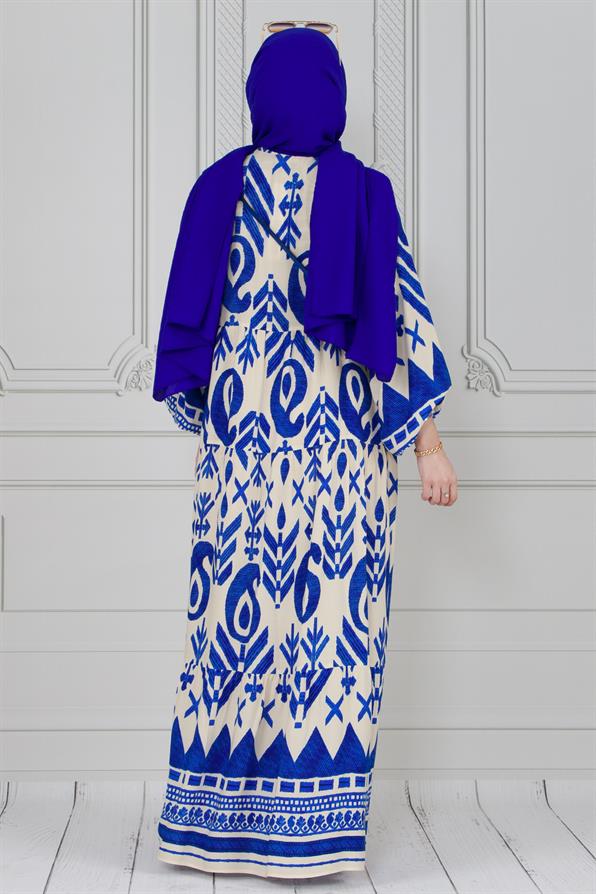 Wide-sleeved, half-buttoned dress - blue