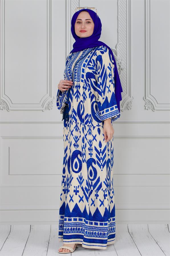 Wide-sleeved, half-buttoned dress - blue