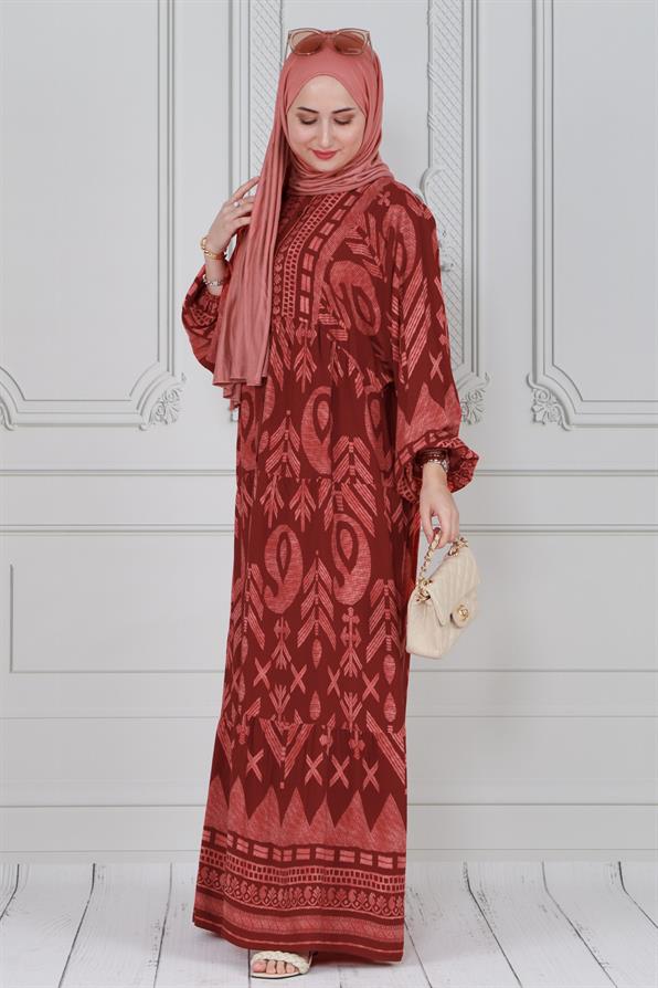Wide sleeve dress -Tile color