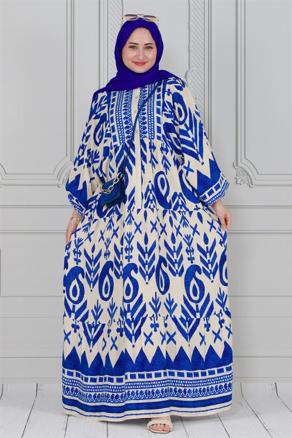 Wide-sleeved, half-buttoned dress - blue
