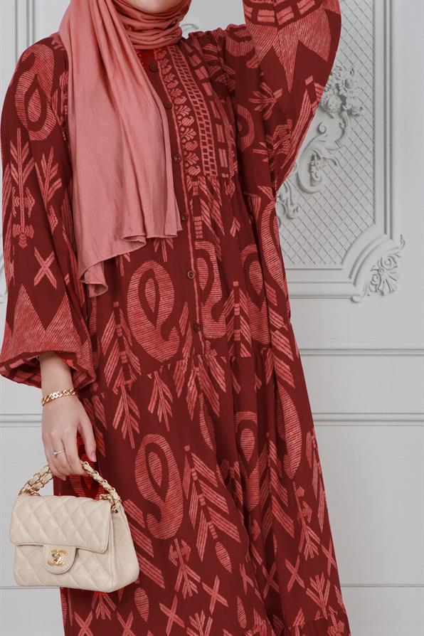 Wide sleeve dress -Tile color