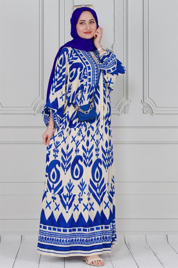 Wide-sleeved, half-buttoned dress - blue