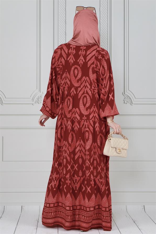 Wide sleeve dress -Tile color