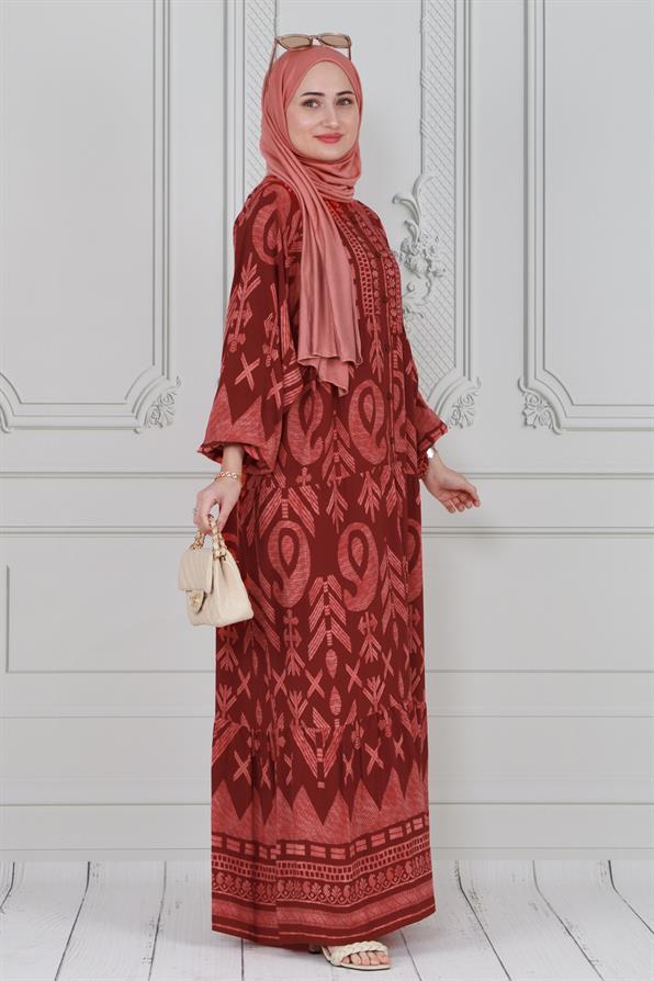 Wide sleeve dress -Tile color