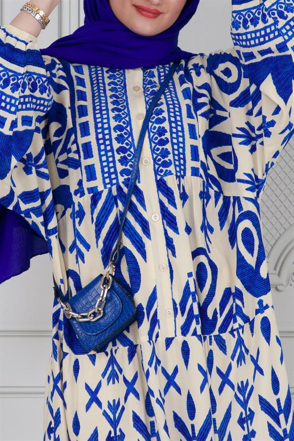 Wide-sleeved, half-buttoned dress - blue