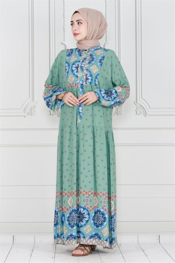 Yarım Düğmeli Baskılı Viscon Elbise-Mint Yeşili